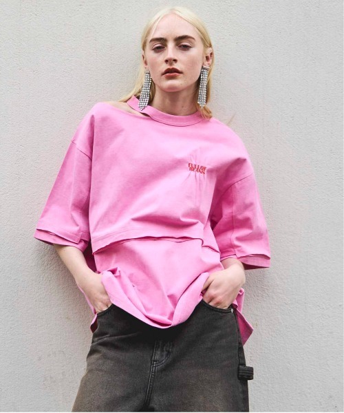 メゾンスペシャル shirring T-shirt purple Shirring Embroidery Washed Big T-shirt/シャーリングエン