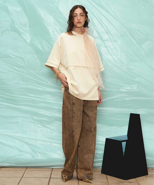 Shirring Embroidery Washed Big T-shirt/シャーリングエン