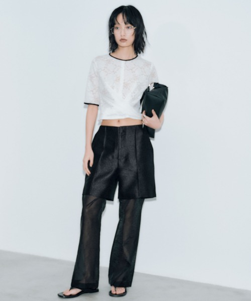 【完売品】Yilon LACE GATHER TOPSトップス グレー LACE CROSS CROPPED TOPS / レースクロスクロップドトップス