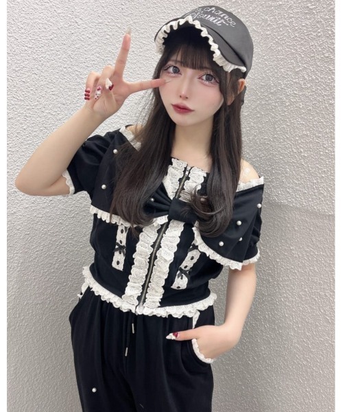 Ank Rouge（アンクルージュ）の「オフショルリボンパーカー（Tシャツ/カットソー・レディース・グレー/ピンク/ブラック・M）」の2枚目の写真