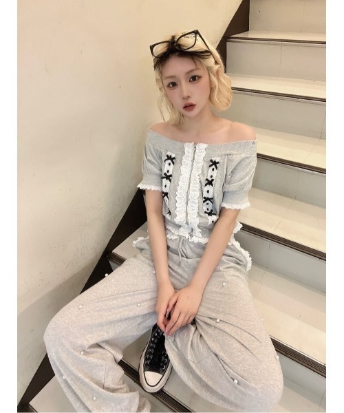 Ank Rouge（アンクルージュ）の「オフショルリボンパーカー（Tシャツ/カットソー・レディース・グレー/ピンク/ブラック・M）」の21枚目の写真