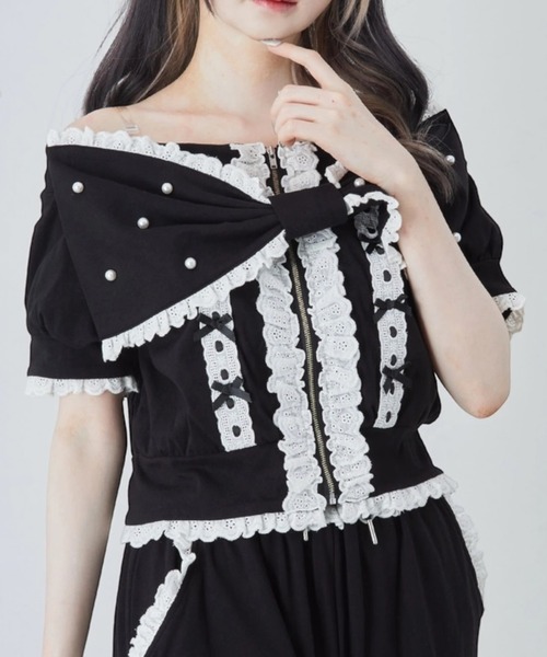 Ank Rouge(アンクルージュ)の「オフショルリボンパーカー(Tシャツ/カットソー・レディース・グレー/ピンク/ブラック・M)」の7枚目の写真