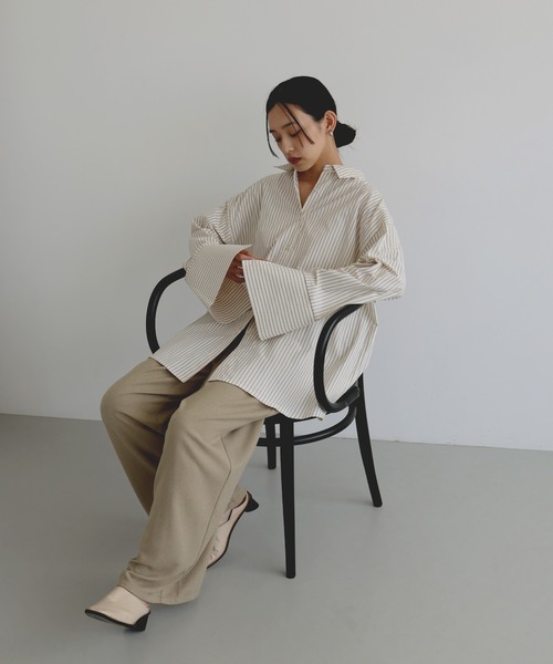  hellam（へラム）の「ビックカフスストライプオーバーシャツ（シャツ/ブラウス・レディース・ピンク/アイボリー/グレー/ブルー・FREE）」の9枚目の写真