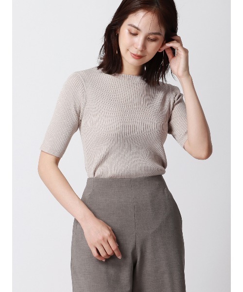 SUIT SQUARE（スーツスクエア）の「ハイネックプルオーバーリブニット 5分袖 ウォッシャブル レーヨンナイロン（ニット/セーター・レディース・ブラウン系/ベージュ系1/ベージュ系2/グリーン系・38(9号)）」の3枚目の写真