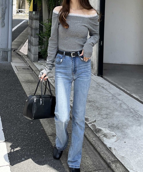 nelliy.(ネルリー)の「レース切替ボーダーオフショルダ―トップス(Tシャツ/カットソー・レディース・グレー/ブラック・MEDIUM/LARGE)」の12枚目の写真