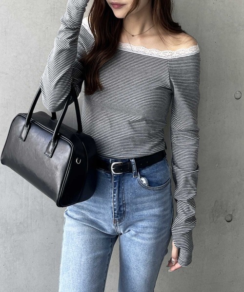 nelliy.(ネルリー)の「レース切替ボーダーオフショルダ―トップス(Tシャツ/カットソー・レディース・グレー/ブラック・MEDIUM/LARGE)」の7枚目の写真