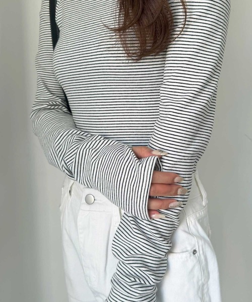 nelliy.(ネルリー)の「レース切替ボーダーオフショルダ―トップス(Tシャツ/カットソー・レディース・グレー/ブラック・MEDIUM/LARGE)」の6枚目の写真