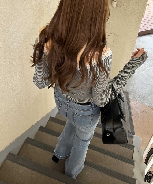 nelliy.(ネルリー)の「レース切替ボーダーオフショルダ―トップス(Tシャツ/カットソー・レディース・グレー/ブラック・MEDIUM/LARGE)」の9枚目の写真