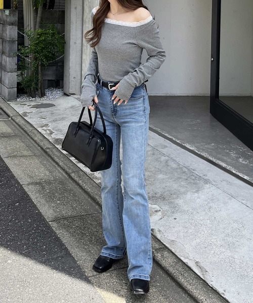 nelliy.(ネルリー)の「レース切替ボーダーオフショルダ―トップス(Tシャツ/カットソー・レディース・グレー/ブラック・MEDIUM/LARGE)」の14枚目の写真