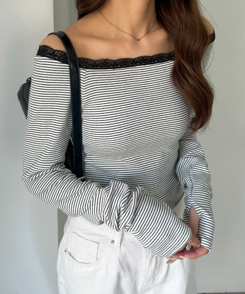nelliy.(ネルリー)の「レース切替ボーダーオフショルダ―トップス(Tシャツ/カットソー・レディース・グレー/ブラック・MEDIUM/LARGE)」の20枚目の写真