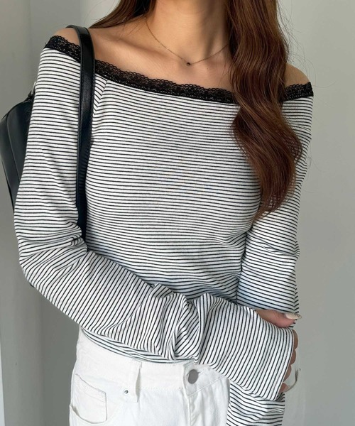 nelliy.(ネルリー)の「レース切替ボーダーオフショルダ―トップス(Tシャツ/カットソー・レディース・グレー/ブラック・MEDIUM/LARGE)」の22枚目の写真