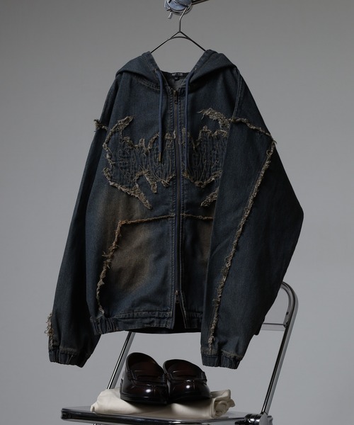 セマンティックデザイン フリンジジップパーカー サイズM ブラック グランジ SITRY パーカー Grunge Style Sweat Half Zip Hoodie/グランジ