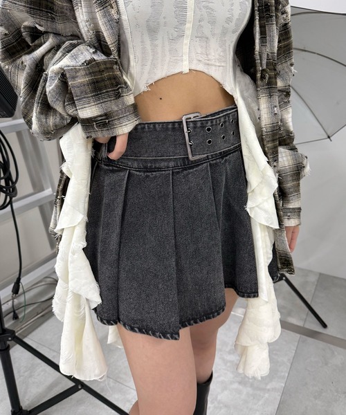 Figments（フィグメンツ）の「アイレットベルトデニムプリーツミニスカパン（スカート・レディース・ライトブルー/ブラック/ブルー系その他・SMALL/MEDIUM）」の13枚目の写真