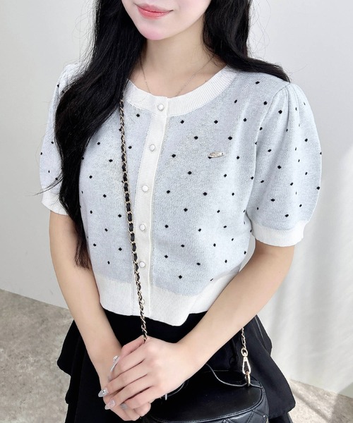 セール】ドット柄ジャガード半袖ニットカーディガン（カーディガン