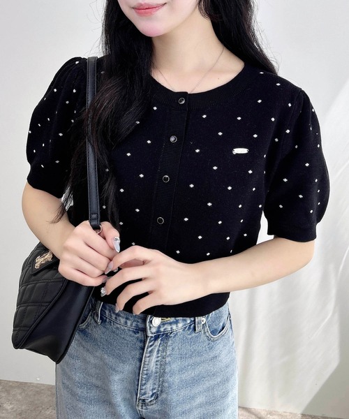 セール】ドット柄ジャガード半袖ニットカーディガン（カーディガン