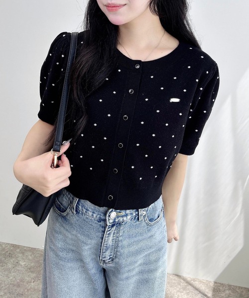 INGNI（イング）の「ドット柄ジャガード半袖ニットカーディガン（カーディガン/ボレロ・レディース・ホワイト×ブラック/グレー系3/ブラック×ホワイト・M）」の7枚目の写真