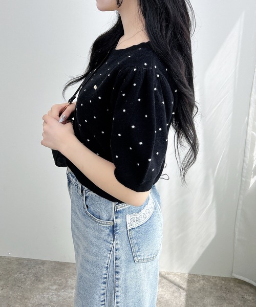 INGNI（イング）の「ドット柄ジャガード半袖ニットカーディガン（カーディガン/ボレロ・レディース・ホワイト×ブラック/グレー系3/ブラック×ホワイト・M）」の8枚目の写真