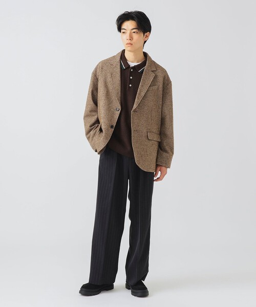 BEAMS HEART マーチンソン生地 ブラウン ビジネスジャケットLsize セール】ルーズフィット ツイード ジャケット/Loose-Fit Tweed Jacket
