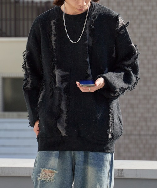 Theater code(シアターコード)の「【40%OFF】Distressed Fringe Crew Neck Sweater / ダメージ加工 フリンジ クルーネックセーター 2026年 夏 夏服メンズ(ニット/セーター・メンズ・ブラック/グレー・M/L)」の6枚目の写真