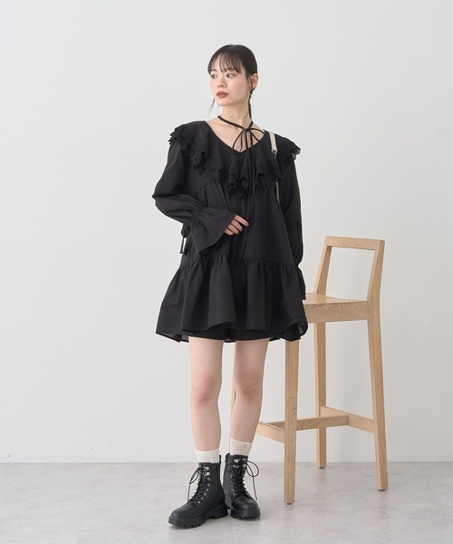 セール】サイドリボンラッフルミニワンピース（ワンピース）｜earth