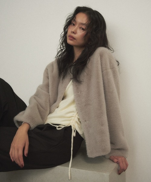セール】ファーショートコート（ノーカラーコート）｜Shelly island