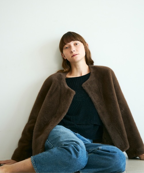 Shelly island（シェリーアイランド）の「ファーショートコート（ノーカラーコート・レディース・ブラウン/グレー・FREE）」の10枚目の写真