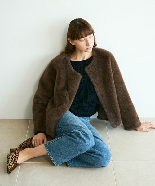 Shelly island（シェリーアイランド）の「ファーショートコート（ノーカラーコート・レディース・ブラウン/グレー・FREE）」の22枚目の写真