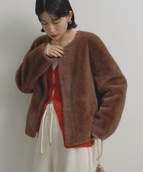 Shelly island（シェリーアイランド）の「ファーショートコート（ノーカラーコート・レディース・ブラウン/グレー・FREE）」の16枚目の写真