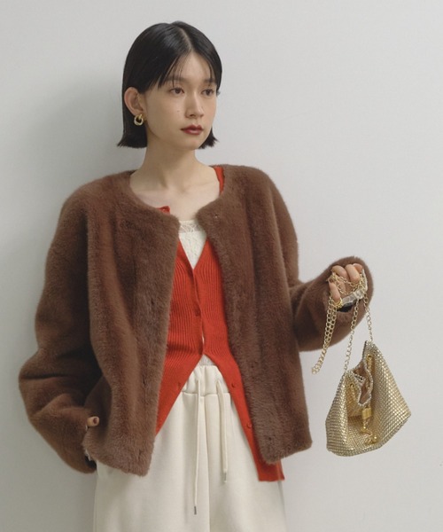 Shelly island（シェリーアイランド）の「ファーショートコート（ノーカラーコート・レディース・ブラウン/グレー・FREE）」の17枚目の写真