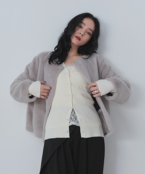 Shelly island（シェリーアイランド）の「ファーショートコート（ノーカラーコート・レディース・ブラウン/グレー・FREE）」の14枚目の写真