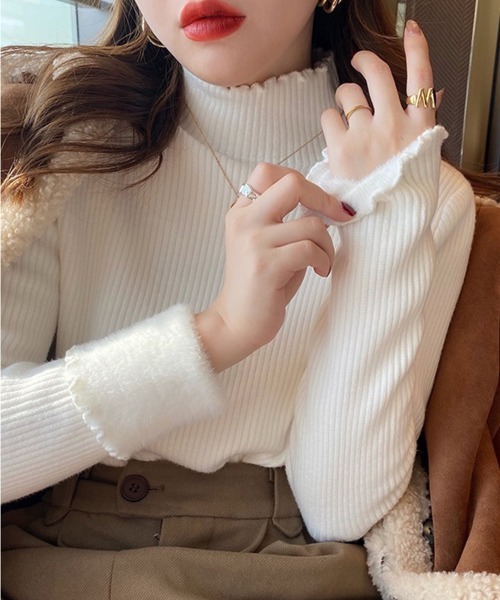 SallyLunn(サリーラン)の「裏起毛リブハイネックトップス(Tシャツ/カットソー・レディース・ホワイト/ブラウン/ブラック・FREE)」の4枚目の写真