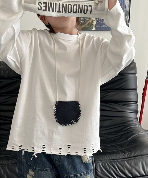 aimoha(アイモハ)の「【aimoha-KIDS-】キッズ ダメージロングTシャツ(Tシャツ/カットソー・キッズ・ブラック/ホワイト・120/130/140)」の2枚目の写真