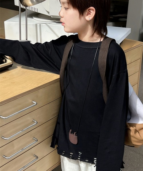 aimoha(アイモハ)の「【aimoha-KIDS-】キッズ ダメージロングTシャツ(Tシャツ/カットソー・キッズ・ブラック/ホワイト・120/130/140)」の1枚目の写真