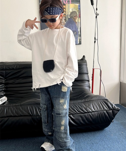 aimoha(アイモハ)の「【aimoha-KIDS-】キッズ ダメージロングTシャツ(Tシャツ/カットソー・キッズ・ブラック/ホワイト・120/130/140)」の16枚目の写真