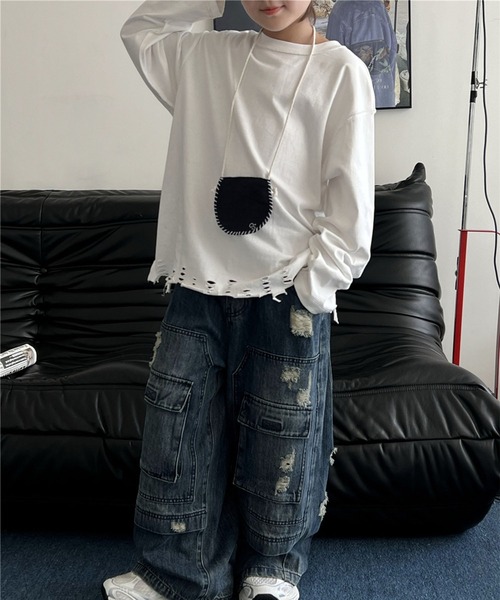 aimoha(アイモハ)の「【aimoha-KIDS-】キッズ ダメージロングTシャツ(Tシャツ/カットソー・キッズ・ブラック/ホワイト・120/130/140)」の17枚目の写真