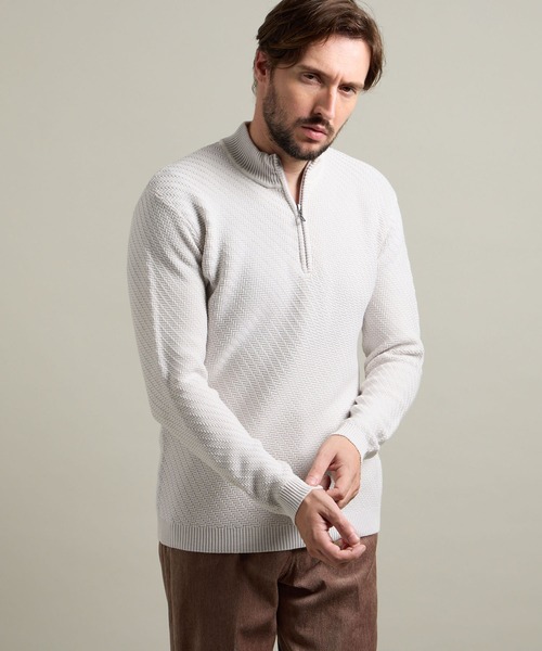 HIDEAWAYS NICOLE（ハイダウェイニコル）の「【HIDEAWAYS BLACK】バイアスジャカード　スタンドハーフジップニット（ニット/セーター・メンズ・ホワイト×ブラック/ホワイト×グレー/ブルー/ブラック×グレー・MEDIUM/LARGE/X-LARGE）」の2枚目の写真