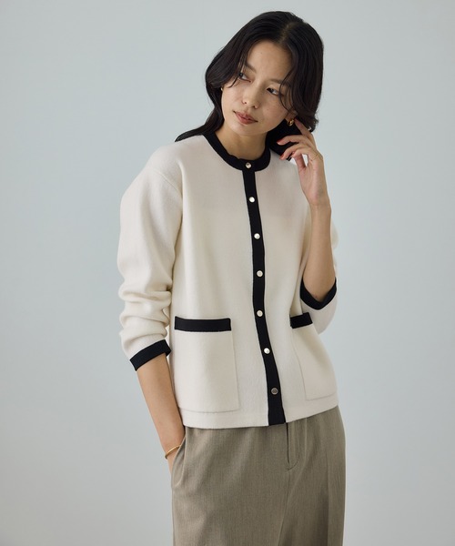 ROPE'(ロペ)の「接結ウールバイカラーニットカーディガン/イージーケア(カーディガン/ボレロ・レディース・ブラック/オフホワイト・FREE)」の7枚目の写真