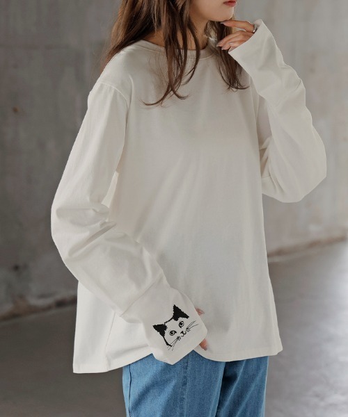 HUG.U(ハグユー)の「ねこ好きのための。 綿100%カットソー(Tシャツ/カットソー・レディース・ホワイト/ライトグレー/ブラック/ライトベージュ・M/L)」の1枚目の写真