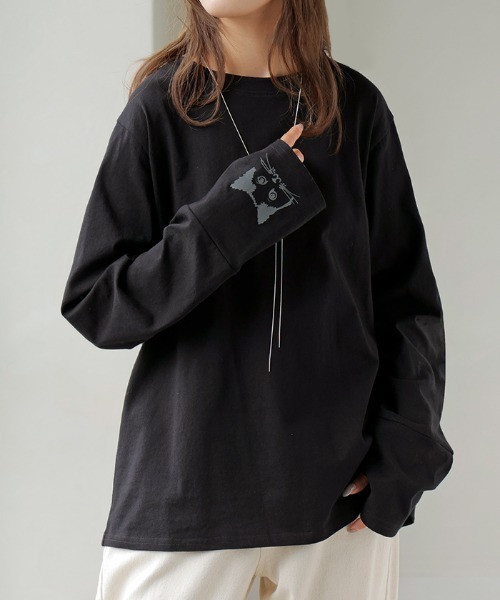 HUG.U(ハグユー)の「ねこ好きのための。 綿100%カットソー(Tシャツ/カットソー・レディース・ホワイト/ライトグレー/ブラック/ライトベージュ・M/L)」の2枚目の写真
