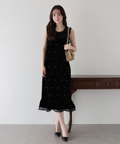 パール付きベロアワンピース 結婚式 成人式 二次会 同窓会 セレモニー