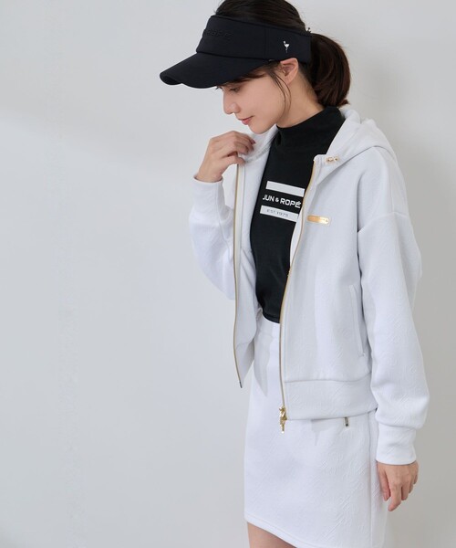 JUN&ROPE'（ジュンアンドロペ）の「ロゴキルト風ジャガードフーディーパーカー/セットアップ対応・UV/Oggi掲載（パーカー・レディース・ホワイト/ブラック/サックスブルー・S/L/M）」の21枚目の写真