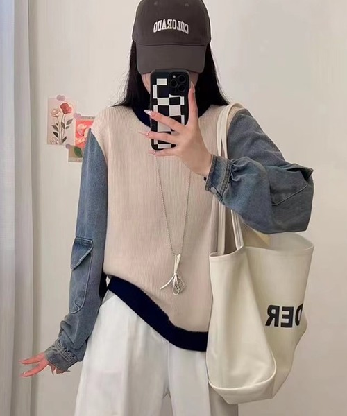 SETUP7(セットアップセブン)の「【SETUP7】切替デザインニット デニムスリーブ KNF147(ニット/セーター・レディース・ブラック/グレー/オフホワイト・FREE)」の8枚目の写真