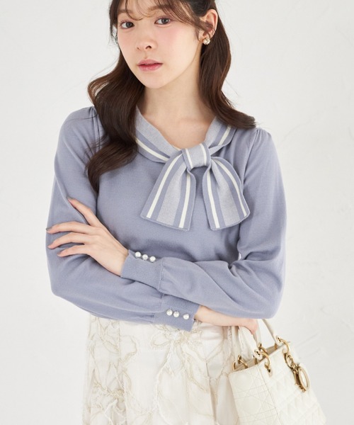 tocco closet（トッコ　クローゼット）の「【ZOZO限定】サイドボウタイネック配色ニットトップス（ニット/セーター・レディース・ブラック/ブルーグレー/オフホワイト・M）」の3枚目の写真