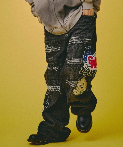 GALFY（ガルフィー）の「GALFY-ワッペンだらけデニム（デニムパンツ・メンズ・インディゴブルー/ブラウン/ブラック・L/XL）」の2枚目の写真