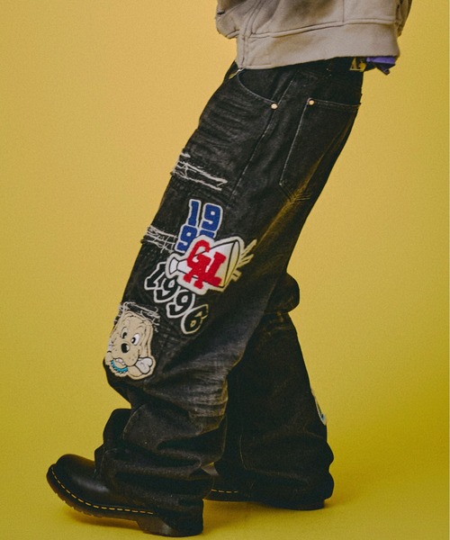 GALFY（ガルフィー）の「GALFY-ワッペンだらけデニム（デニムパンツ・メンズ・インディゴブルー/ブラウン/ブラック・L/XL）」の4枚目の写真