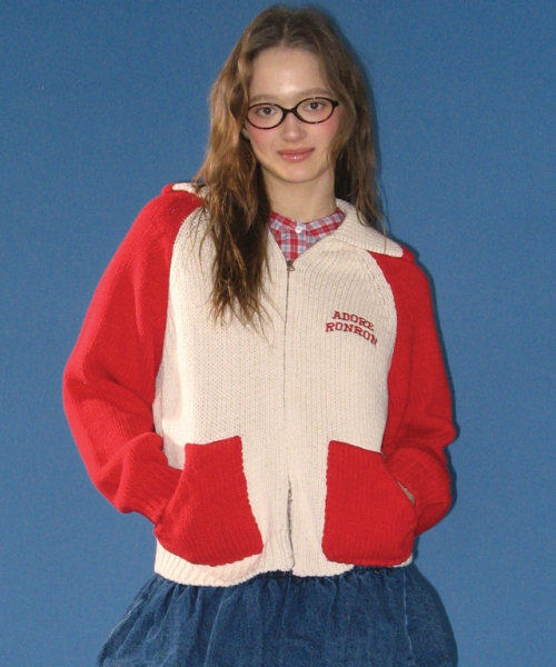 RONRON(ロンロン)の「88 BLOCKING COWICHAN KNIT ZIP UP CREAM RED(ニット/セーター・レディース・その他・FREE)」の3枚目の写真