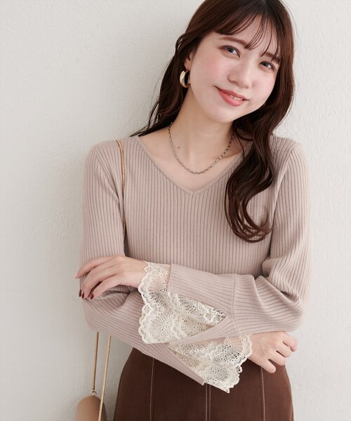 natural couture（ナチュラルクチュール）の「前後２WAY袖口レースリブニット（ニット/セーター・レディース・チャコールグレー/ブラック/スミクロ/ミント/ベージュ/ピンク/オフホワイト・FREE）」の5枚目の写真