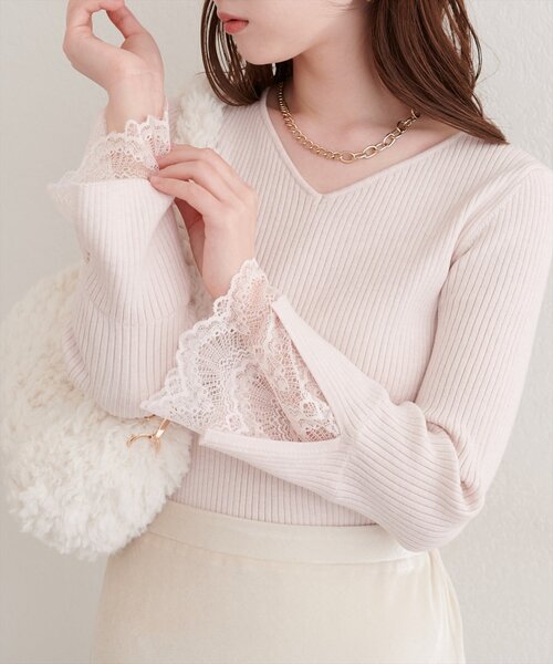 natural couture（ナチュラルクチュール）の「前後２WAY袖口レースリブニット（ニット/セーター・レディース・チャコールグレー/ブラック/スミクロ/ミント/ベージュ/ピンク/オフホワイト・FREE）」の7枚目の写真