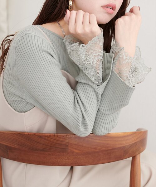 natural couture（ナチュラルクチュール）の「前後２WAY袖口レースリブニット（ニット/セーター・レディース・チャコールグレー/ブラック/スミクロ/ミント/ベージュ/ピンク/オフホワイト・FREE）」の6枚目の写真
