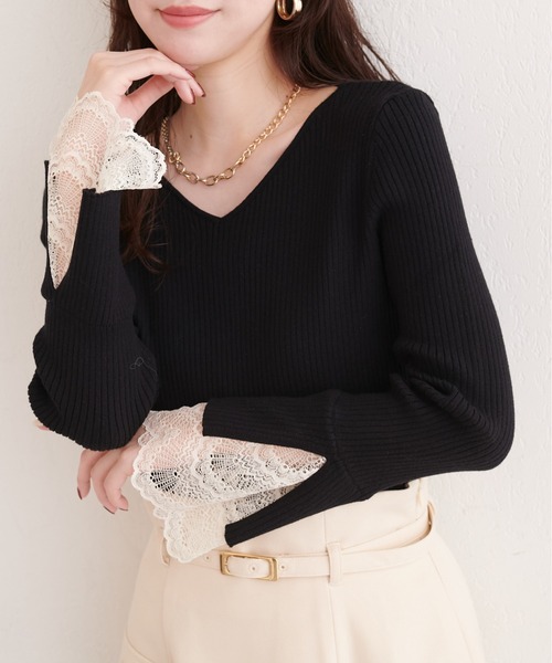 natural couture（ナチュラルクチュール）の「前後２WAY袖口レースリブニット（ニット/セーター・レディース・チャコールグレー/ブラック/スミクロ/ミント/ベージュ/ピンク/オフホワイト・FREE）」の3枚目の写真